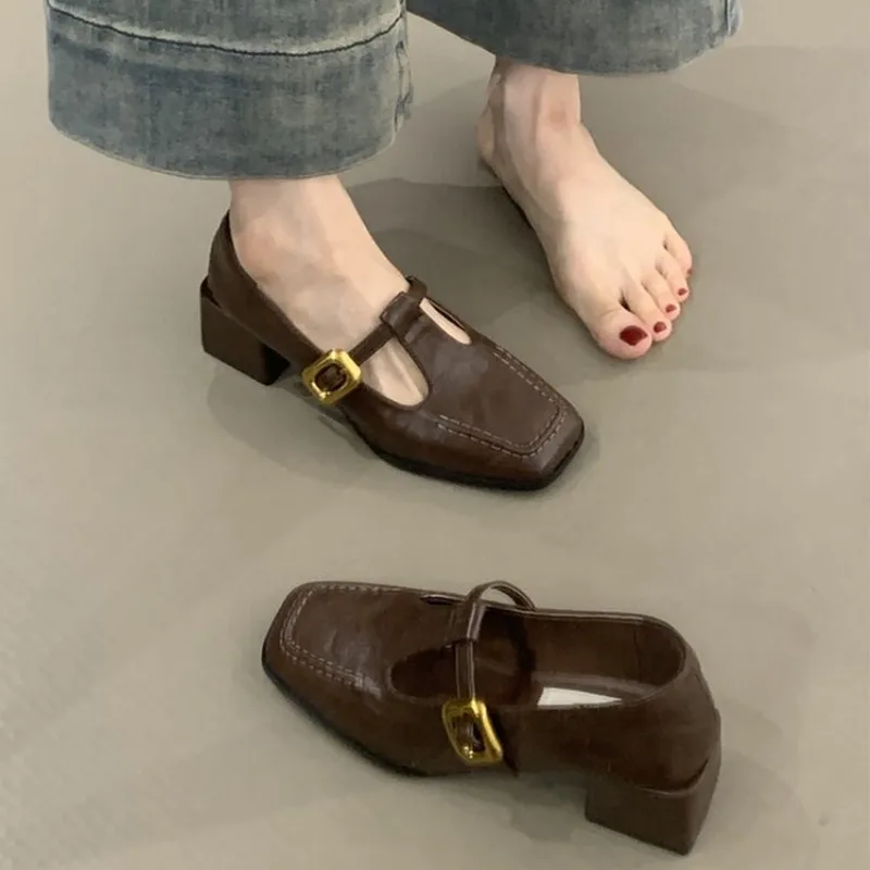 Womens Heels - Women Square Toe T-Strap Mary Jane