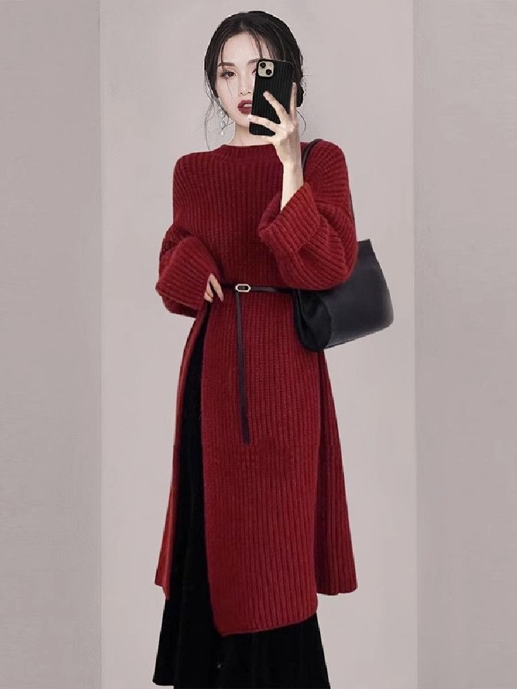 Women Elegant Red Knit Dress A - Women'S Red Formal Wear ulasan dan harga
